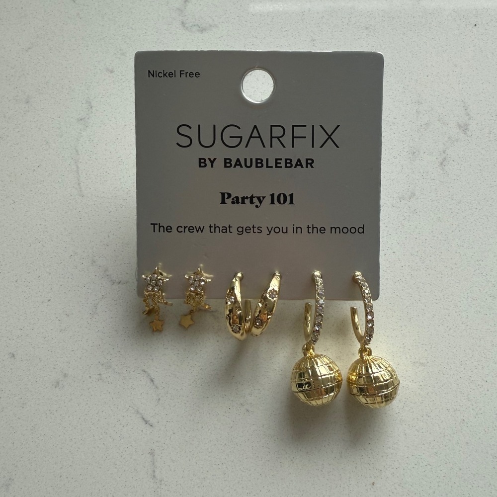 SUGARFIX by BaubleBar Party 101 New Year's Disco 3 Pair Earring Set - Gold - NWT - Picture 4 of 8